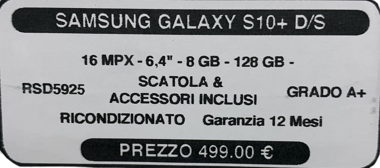 RSD5925 Samsung S10+ 128GB GR. A+ Gar. 12M Fattura