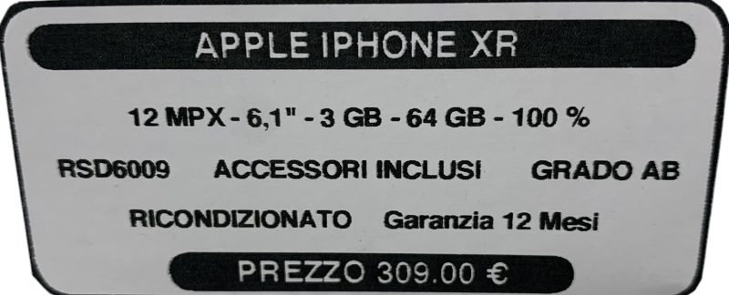 RSD6009 Apple iPhone Xr 64Gb GR. AB Gar. 12M Fattura